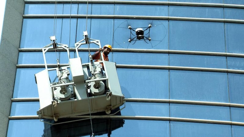 A wireless drone belonging to Security Media and equipped with state-of-the-art technology saved the life of an Asian cleaner who got stuck while cleaning the windows of a tower in Abu Dhabi. Courtesy Security Media