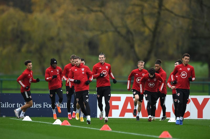 Wales captain Gareth Bale, centre, training with teammates. Getty