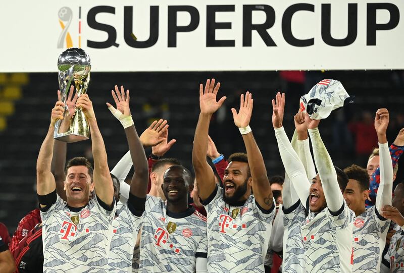 Robert Lewandowski lifts the trophy after Bayern Munich defeated  Borussia Dortmund in the German Super Cup at Signal Iduna Park on Tuesday, August 17.