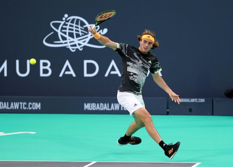 Abu Dhabi, United Arab Emirates - Reporter: Jon Turner: Stefanos Tsitsipas plays a shot during the semi final between Novak Djokovic v Stefanos Tsitsipas at the Mubadala World Tennis Championship. Friday, December 20th, 2019. Zayed Sports City, Abu Dhabi. Chris Whiteoak / The National