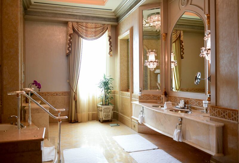The luxurious bathroom in the Palace Suite. Khushnum Bhandari / The National 
