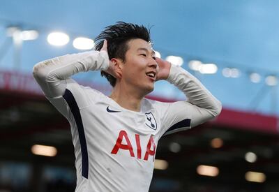 Soccer Football - Premier League - AFC Bournemouth vs Tottenham Hotspur - Vitality Stadium, Bournemouth, Britain - March 11, 2018   Tottenham's Son Heung-min celebrates scoring their third goal    REUTERS/Ian Walton    EDITORIAL USE ONLY. No use with unauthorized audio, video, data, fixture lists, club/league logos or "live" services. Online in-match use limited to 75 images, no video emulation. No use in betting, games or single club/league/player publications.  Please contact your account representative for further details.     TPX IMAGES OF THE DAY