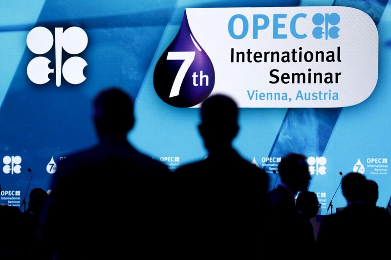 An illuminated logo is displayed on stage during the opening day of the 7th Organization Of Petroleum Exporting Countries (OPEC) international seminar in Vienna, Austria, on Wednesday, June 20, 2018. Iran put itself on a collision course with Saudi Arabia at this week’s OPEC meeting, rejecting a potential compromise that would see a small oil-production increase to appease energy consumers. Photographer: Stefan Wermuth/Bloomberg