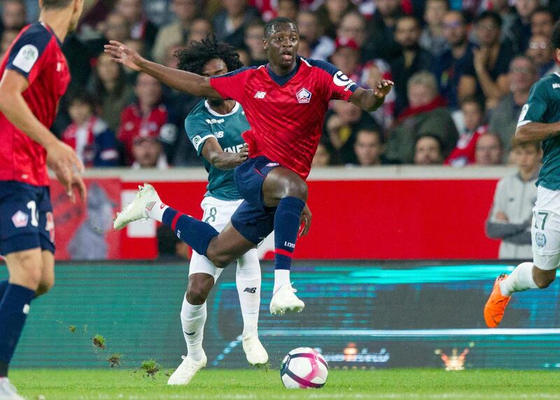 Arsenal have broken their transfer record to sign Nicolas Pepe for £72 million (Dh320.1m) from Lille. AP Photo