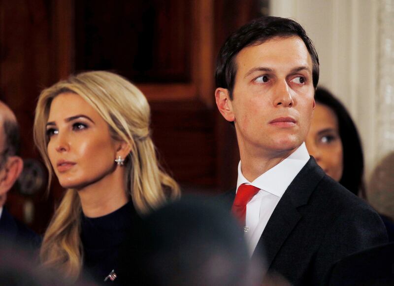 Ivanka Trump and her husband Jared Kushner watch as German chancellor Angela Merkel and US president Donald Trump hold a joint news conference in the East Room of the White House in Washington on March 17, 2017. Jim Bourg / Reuters