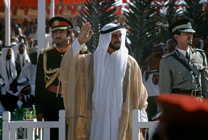 Sheikh Zayed, the UAE's Founding Father, at a parade with his son, Sheikh Khalifa, then the crown prince, left, in 1971. Bruno Barbey / Magnum Photos