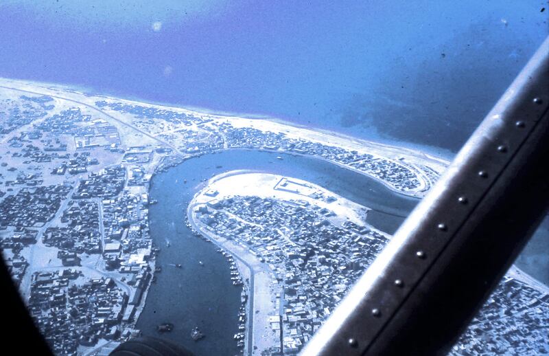 Dubai Creek, April 1968, taken from a Beaver en-route to Sir Bani Yas Island 
Taken while Neville was ÔmoonlightingÕ on an RAF Shackleton Ð he was with the British Army Air Corps in Sharjah. Handout photos by Nevile Ryton who served with the Britsih Army Air Corp. in Sharjah from 1967-1968. His photos show Abu Dhabi, Dubai, Ras Al Khaimah and Fujeirah.(Courtesy of Nevile Ryton) for Colin Simpson story