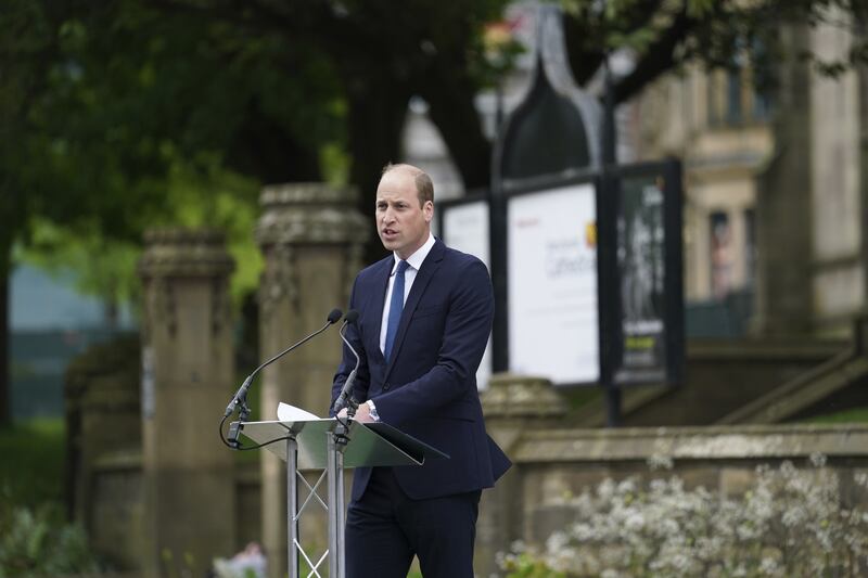 Prince William gives a speech during the official opening of the Glade of Light memorial, which commemorates the victims of the terrorist attack at Manchester Arena in which 22 people were killed on May 22, 2017. PA
