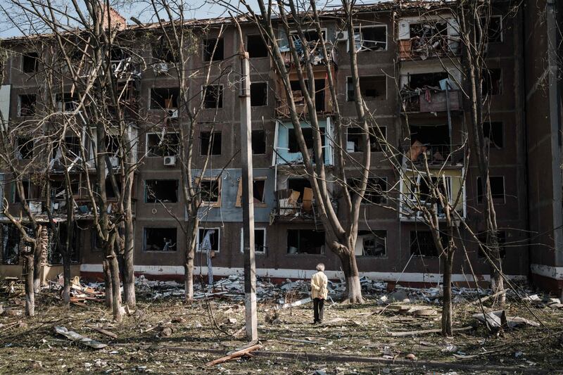 Devastation around an apartment block hit by a missile in Kramatorsk, eastern Ukraine. AFP