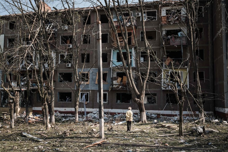 Devastation around an apartment block hit by a missile in Kramatorsk, eastern Ukraine. AFP