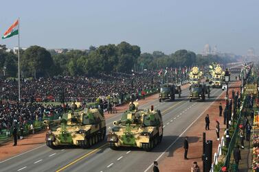 Indian army K9 Vajra-T tanks (foreground) take part in the Republic Day parade in New Delhi on January 26, 2019. India celebrated its 70th Republic Day. / AFP / Money SHARMA