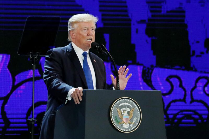 U.S. President Donald Trump speaks during the Asia-Pacific Economic Cooperation (APEC) CEO Summit in Da Nang, Vietnam, on Friday, Nov. 10, 2017. Trump told Asian nations eager for the U.S. to stay committed to the region that he would no longer join multilateral deals like the Trans-Pacific Partnership but would seek bilateral pacts -- and only with countries that played by the rules and didn’t try to exploit the United States. Photographer: SeongJoon Cho/Bloomberg