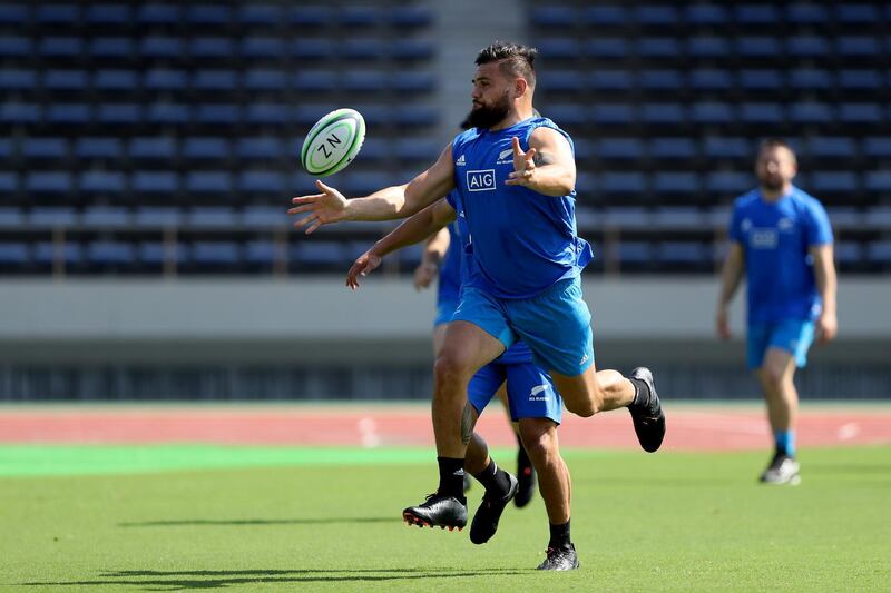 Angus Taavao of the All Blacks runs through drills during a training session at Kashiwa no Ha Park Stadium in Kashiwa, Chiba, Japan. Getty Images