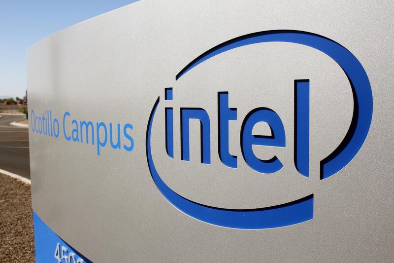 FILE PHOTO: The logo for the Intel Corporation is seen on a sign outside the Fab 42 microprocessor manufacturing site in Chandler, Arizona, U.S., October 2, 2020. REUTERS/Nathan Frandino/File Photo