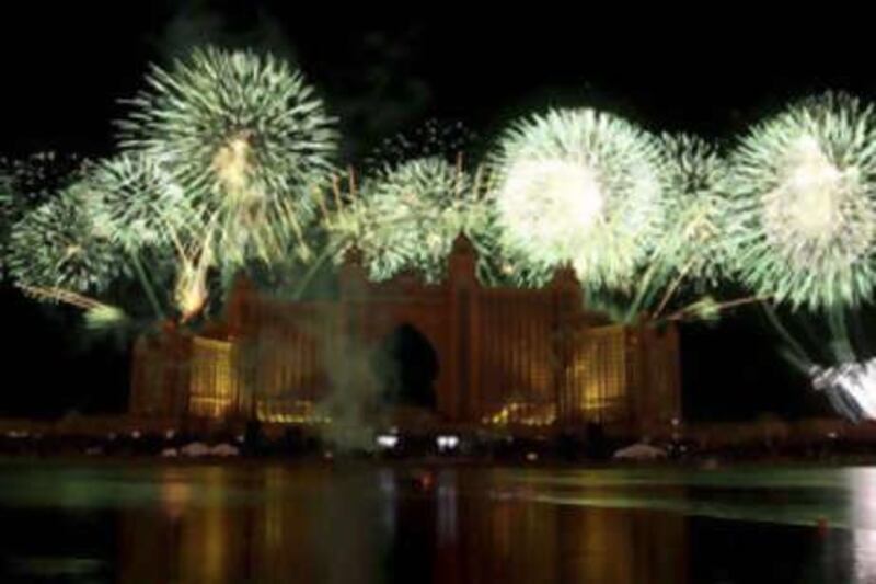 Firework display over the Atlantis hotel on Palm Jumeirah, Dubai <a href="http://thenational.ae/article/20081121/ONLINESPECIAL/276288476/1001">Slideshow of A-listers</a>
