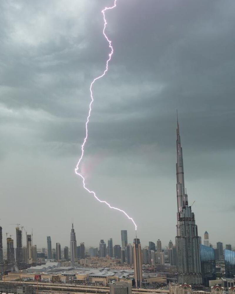 Lightning hits a building in Downtown Dubai during today's storm. Courtesy Richard Roberts