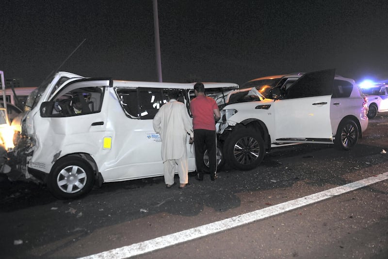 One person died and 5 others were injured in a collision between 6 vehicles before the Mussafah bridge in Abu Dhabi. Courtesy Abu Dhabi Police
