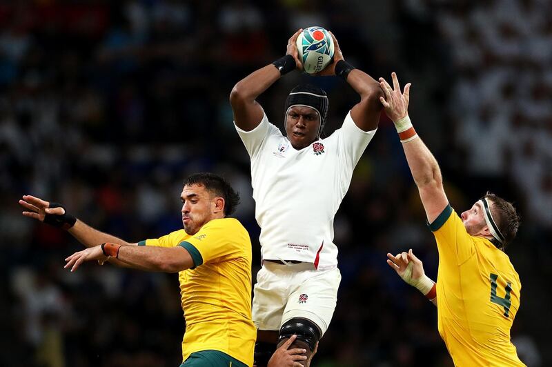 Maro Itoje of England claims a lineout ahead of Rory Arnold and Izack Rodda of Australia during the Rugby World Cup 2019 Quarter Final match between England and Australia at Oita Stadium, Japan. Getty Images