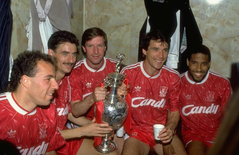 1 May 1990:  (L-R) Ronnie Rosenthal, Ian Rush, Ronnie Whelan, Alan Hansen and John Barnes of Liverpool celebrate after the Barclays League Division One match against Derby County at Anfield in Liverpool, England. Liverpool won the match 1-0 and became league champions. \ Mandatory Credit: Dan Smith /Allsport