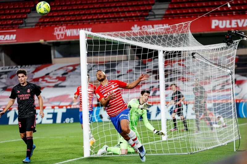 Granada's Luis Suarez reacts after missing a chance against Real Madrid at Los Carmenes stadium on Thursday. AP