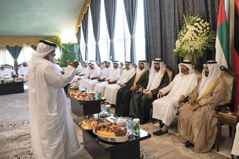 ABU DHABI, UNITED ARAB EMIRATES - June 08, 2019: HH Sheikh Mohamed bin Zayed Al Nahyan, Crown Prince of Abu Dhabi and Deputy Supreme Commander of the UAE Armed Forces (2nd R), attends the wedding reception of Hamad bin Kardous Al Ameri (3rd R) and Mansour bin Kardous Al Ameri (4th R), at the Armed Forces Officers Club. Seen with Mohamed Bin Kardous Al Ameri (R).

( Hamad Al Kaabi / Ministry of Presidential Affairs )​
---