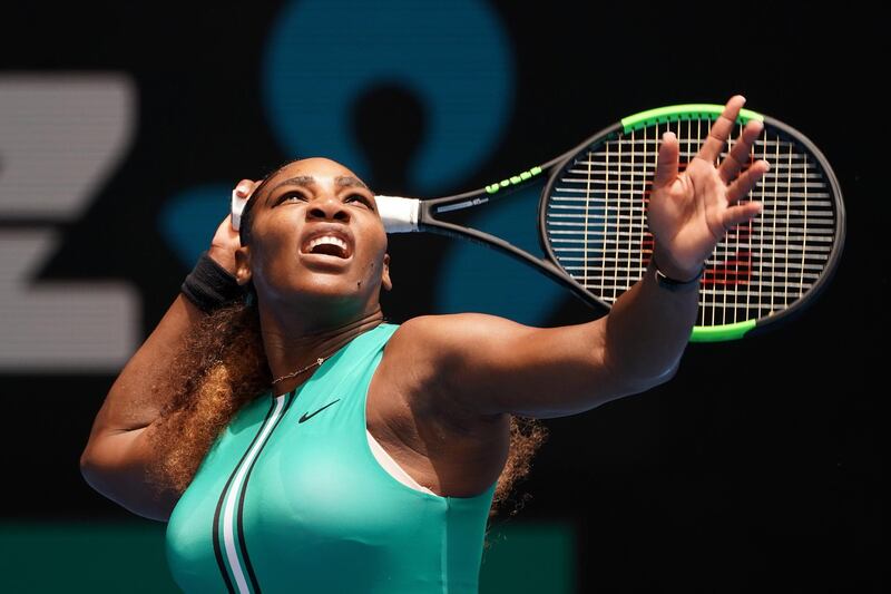 epa07284745 Serena Williams of the United States in action against Tatjana Maria of Germany during their women's singles match on day two of the Australian Open in Melbourne, Australia, 15 January 2019.  EPA/MARK DADSWELL EDITORIAL USE ONLY AUSTRALIA AND NEW ZEALAND OUT