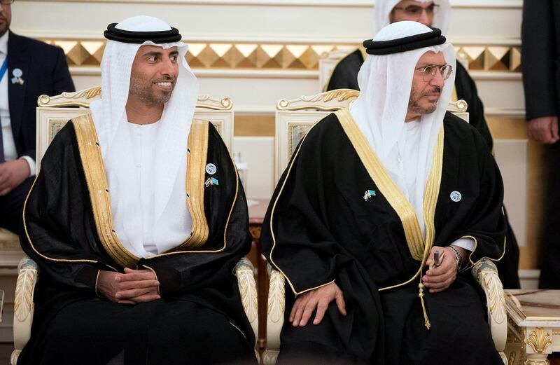 ABU DHABI, UNITED ARAB EMIRATES - July 04, 2018: HE Suhail bin Mohamed Faraj Faris Al Mazrouei, UAE Minister of Energy (L) and HE Dr Anwar bin Mohamed Gargash, UAE Minister of State for Foreign Affairs (R) attend a reception hosted by HE Nursultan Nazarbayev, President of Kazakhstan (not shown), at Ak Orda Presidential Palace.

( Hamad Al Kaabi / Crown Prince Court - Abu Dhabi )
—