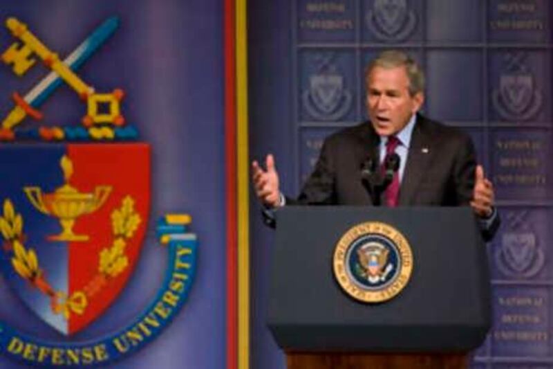President Bush announces plans to order 8,000 more combat and support troops out of Iraq by February, Tuesday, Sept. 9, 2008, during an address at the National Defense University at Ft. McNair in Washington. (AP Photo/J. Scott Applewhite) *** Local Caption ***  DCSA101_Bush_US_Iraq.jpg