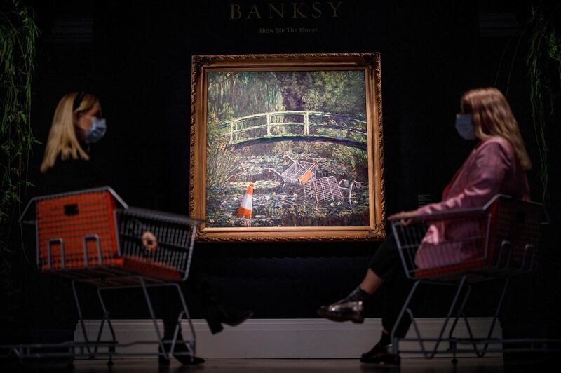 Show me the Monet by Banksy at Sotheby's Galleries in London in October 2020. AFP