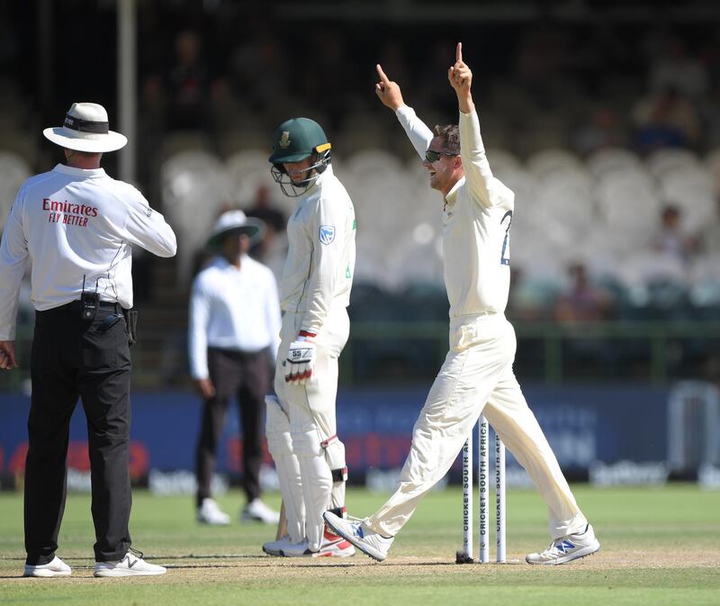 England bowler Dom Bess celebrates after taking the wicket of Quinton de Kock. Getty