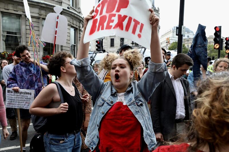 A woman shouts during an anti-Brexit protest in London, Britain August 31, 2019. REUTERS/Kevin Coombs