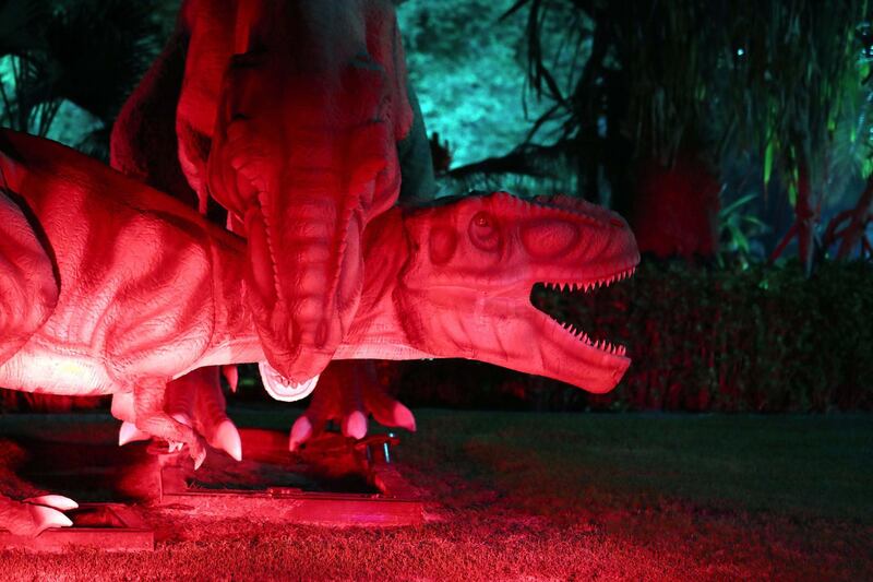 Dubai, United Arab Emirates - October 02, 2019: The Dinosaur park. The Ice park. The new season of Dubai Glow Garden. Wednesday the 2nd of October 2019. Zabeel Park, Dubai. Chris Whiteoak / The National