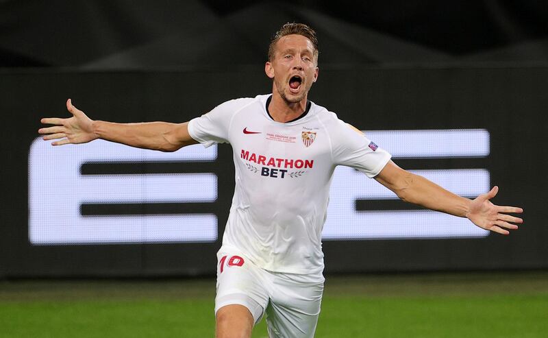 Sevilla's Luuk de Jong celebrates scoring their second goal. Reuters
