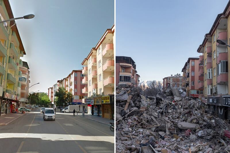 A Google street view of Elbistan, Turkey, in June 2015 and a photo taken of the same street after the earthquake this year. Google / Reuters