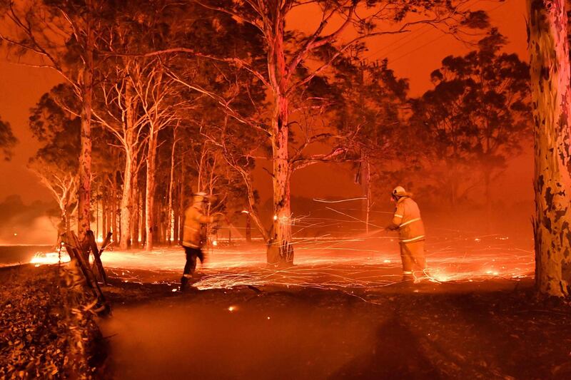 This timed-exposure image shows firefighters hosing down trees as they battle against bushfires around the town of Nowra .AFP