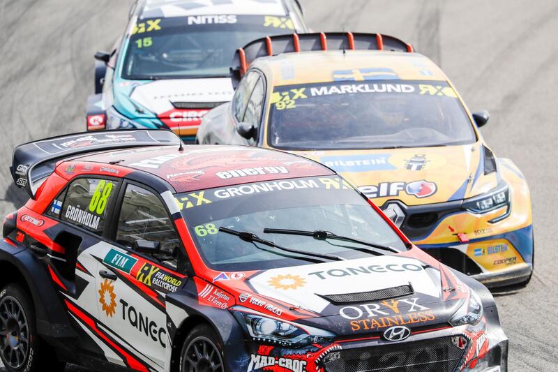 Abu Dhabi, April 6,2019.  FIA World Rallycross Championship at the Abu Dhabi, YAS Marina Circuit. -- First official race. --  Niclas GRÖNHOLM in his Hyundai i20 takes the lead on the first corner.
Victor Besa/The National.
Section:  SP
Reporter:  Amith Passela