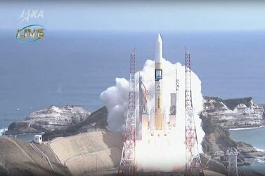 Still from the livestream of the KhalifaSat launch at Tanegashima Space Centre, Japan.