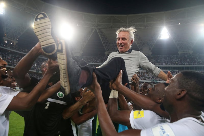 
                  Saudi Arabia's head coach Bert van Marwijk is thrown into the air by his players after winning the 2018 World Cup group B qualifying soccer match between Saudi Arabia and Japan in Jiddah, Saudi Arabia, Tuesday, Sept. 5, 2017. Saudi Arabia won 1-0. (AP Photo)
               
