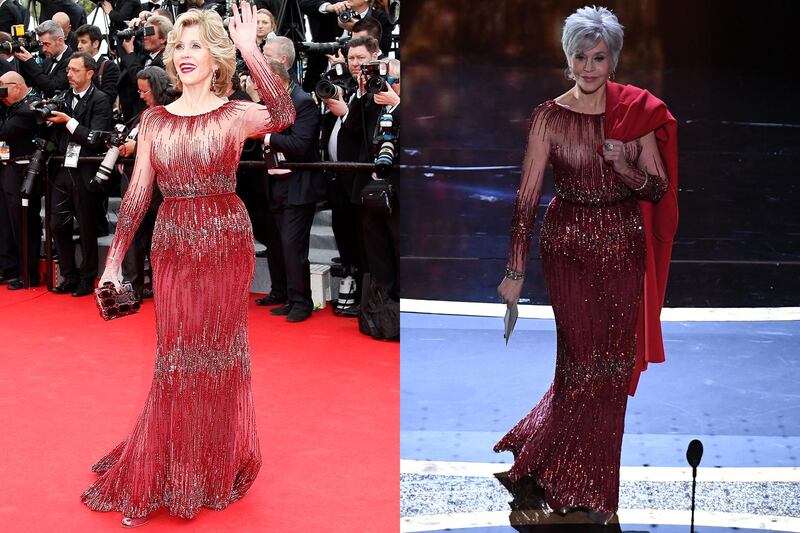 Jane Fonda first wore this red sequinned gown for the 2014 Cannes Film Festival, and it made another appearance at this year's Oscars. AFP
