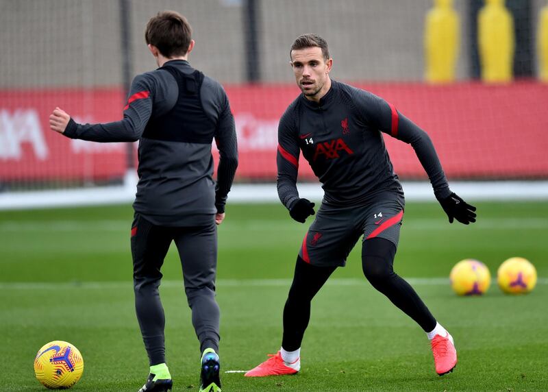 KIRKBY, ENGLAND - NOVEMBER 26: (THE SUN OUT, THE SUN ON SUNDAY OUT) Jordan Henderson captain of Liverpool during a training session at AXA Training Centre on November 26, 2020 in Kirkby, England. (Photo by Andrew Powell/Liverpool FC via Getty Images)