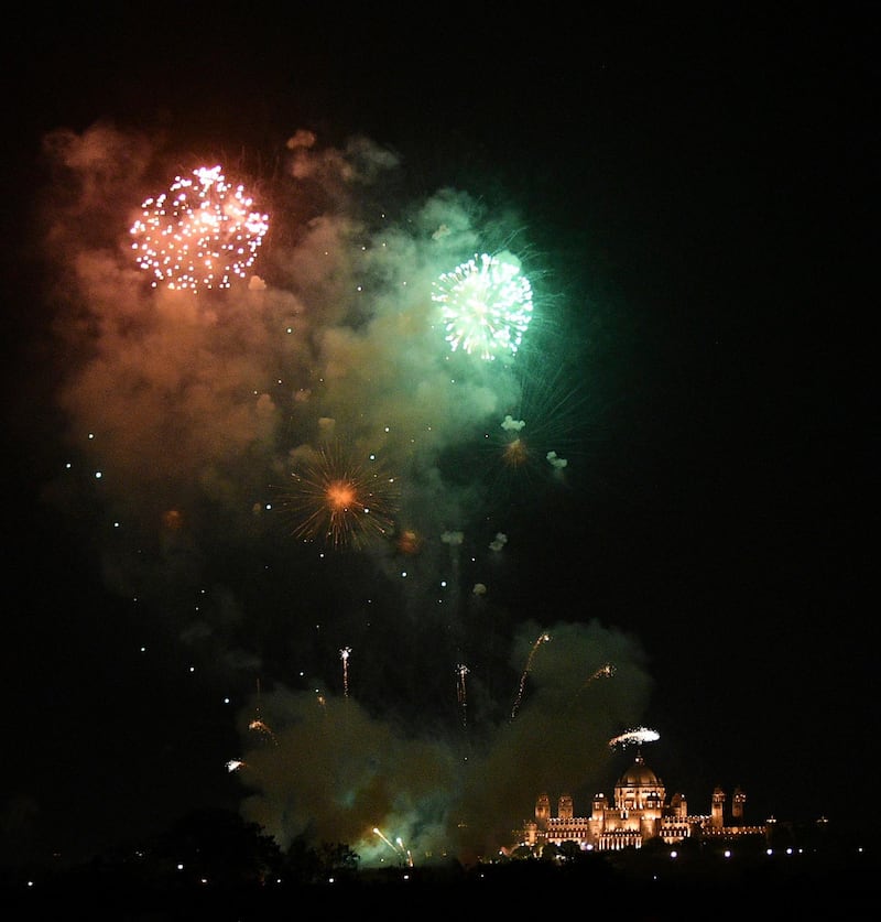 Fireworks light up the sky over Umaid Bhawan, the venue for the wedding of Bollywood actress Priyanka Chopra and Nick Jonas, in Jodhpur, India, Saturday, Dec. 1, 2018. Photo: AP / Sunil Verma