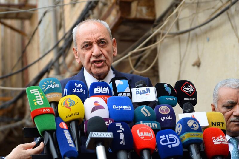 Lebanese Parliament Speaker Nabih Berri (L) speaks to the press after meeting with Ayatollah Muhammad Saeed al-Hakim in the Iraqi holy central city of Najaf on April 1, 2019.  / AFP / Haidar HAMDANI
