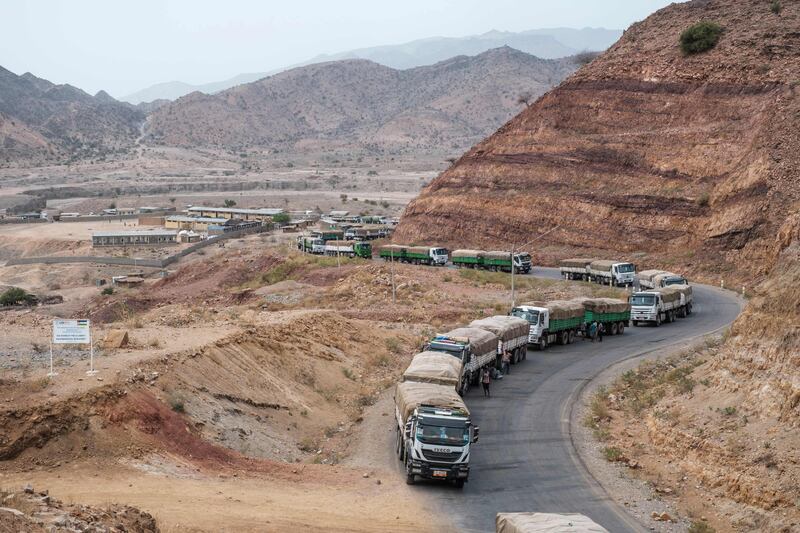 Lorries sent by the World Food Programme head for Ethiopia's Tigray region, where aid delivery has increased since a ceasefire deal was signed. AFP