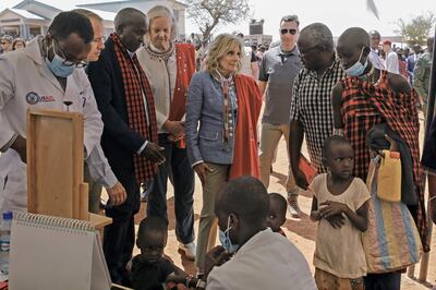 US first lady Jill Biden and US ambassador to Kenya Meg Whitman visit a centre monitoring nutrition in children in Kajiado County, Kenya. AFP