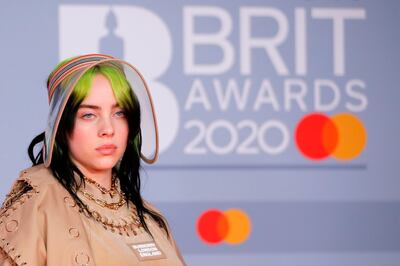 (FILES) In this file photo taken on February 18, 2020 US singer-songwriter Billie Eilish poses on the red carpet on arrival for the BRIT Awards 2020 in London on February 18, 2020. British pop's biggest event, the Brit Awards, will take place three months later than usual in 2021, because of the impact of the coronavirus outbreak, organisers said on June 29, 2020. - RESTRICTED TO EDITORIAL USE – NO POSTERS – NO MERCHANDISE– NO USE IN PUBLICATIONS DEVOTED TO ARTISTS
 / AFP / Tolga AKMEN / RESTRICTED TO EDITORIAL USE – NO POSTERS – NO MERCHANDISE– NO USE IN PUBLICATIONS DEVOTED TO ARTISTS
