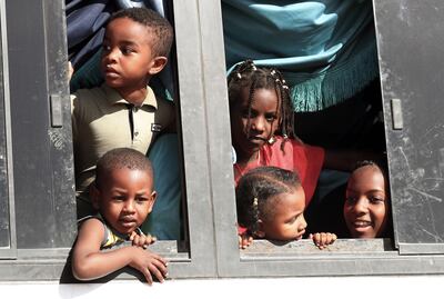 Buses carrying Sudanese refugees on a Nile ferry after crossing the border from Sudan, in Abu Simbel, southern Egypt. EPA