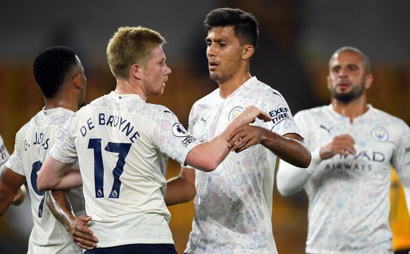 Kevin De Bruyne celebrates with teammates. EPA