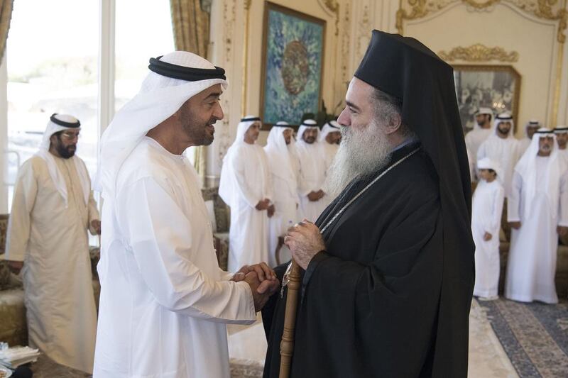 Sheikh Mohammed bin Zayed, Crown Prince of Abu Dhabi and Deputy Supreme Commander of the Armed Forces, receives Archbishop Theodosios Atallah Hanna of Sebastia, during a Sea Palace barza.  Hamad Al Kaabi / Crown Prince Court – Abu Dhabi