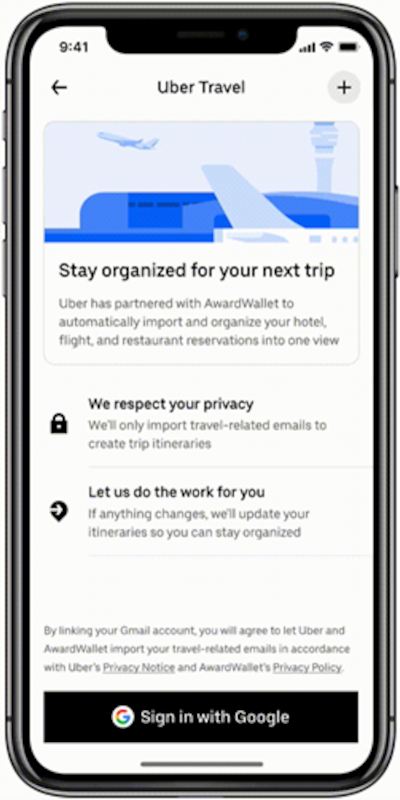 The Uber app now features smart itineraries, so users can link their profile to their Google accounts. Photo: Uber