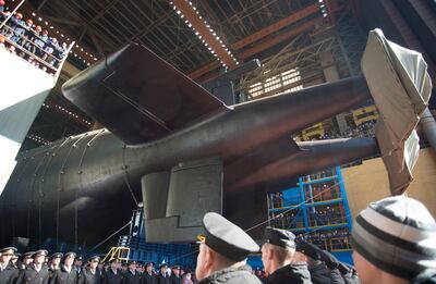 SEVERODVINSK, RUSSIA - APRIL 23, 2019: The Belgorod nuclear-powered submarine (Special Project 09852) that carries Poseidon strategic underwater drones during the launching ceremony. Oleg Kuleshov/TASS (Photo by Oleg Kuleshov\TASS via Getty Images)